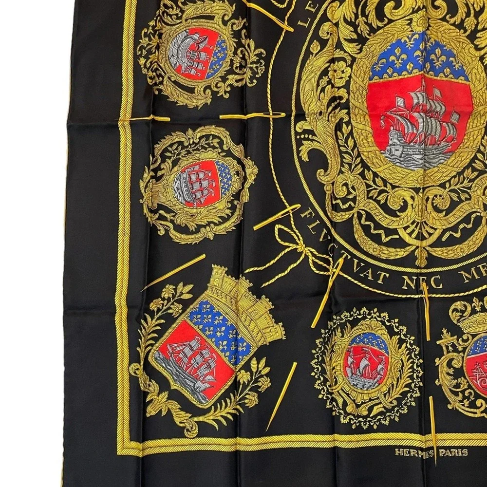 Hermes Les Armes de Paris Silk Scarf Womens Black Gold Coat of Arms Authentic